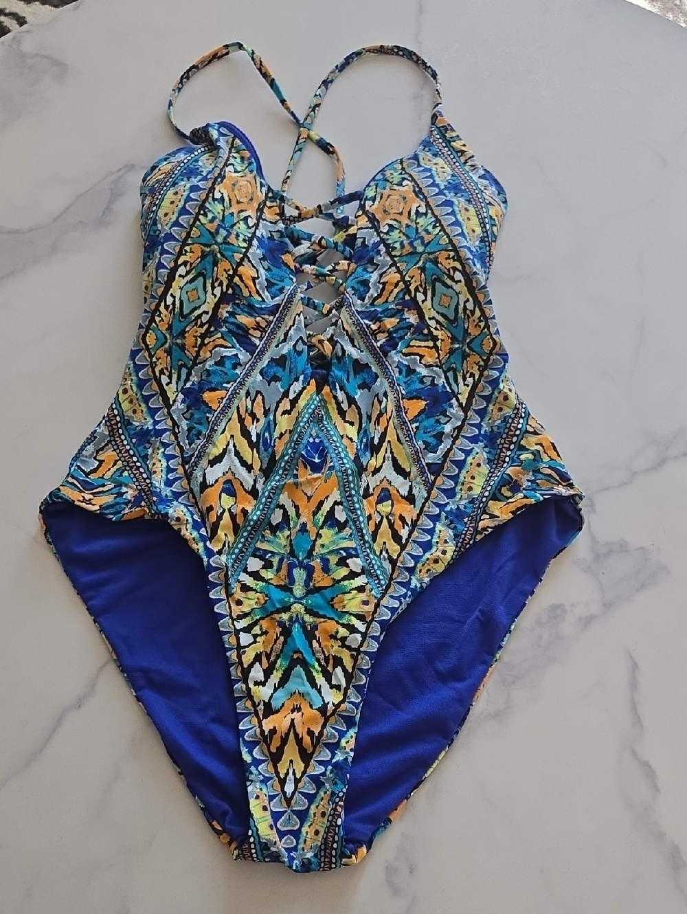 Bar III Women's Monarchy Tribal-Print Tassel Lace-Up One-Piece Swimsuit Sz:S NWT - Picture 4 of 11